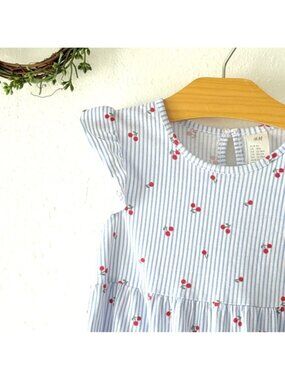 H&M Baby Girl Dress 18M Blue White Pinstripe Cherry Print Cotton